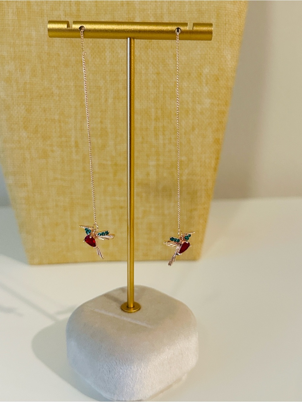 Delicate Hummingbird Threader Earrings in Red and Green